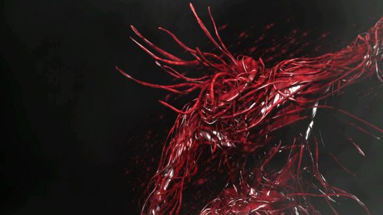 Boss Atomic Heart : Plyusch, une mutation organique avancée, se dresse sur ses pattes arrière, les viscères suintant des vignes qui recouvrent sa forme humanoïde.