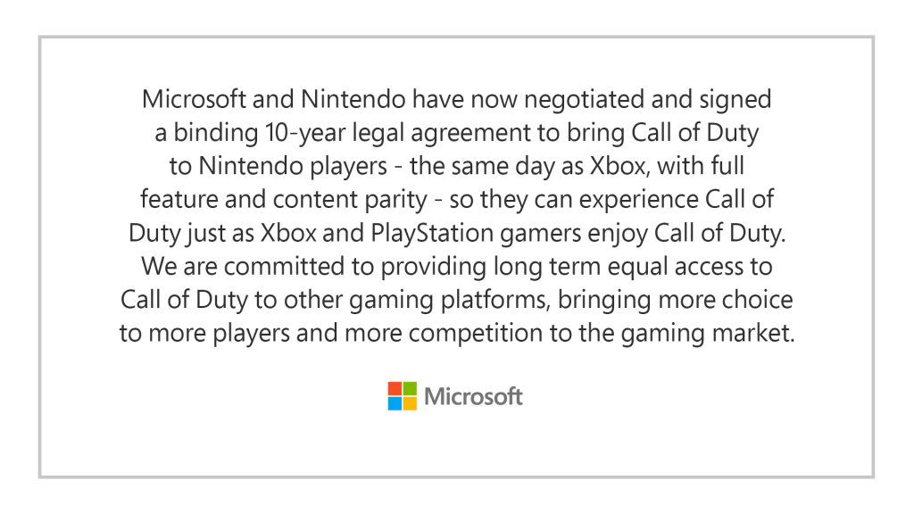 une déclaration de Microsoft concernant un accord de 10 ans avec Nintendo lecture "Microsoft et Nintendo ont maintenant négocié et signé un accord juridique contraignant de 10 ans pour proposer Call of Duty aux joueurs Nintendo - le même jour que Xbox avec une parité complète des fonctionnalités et du contenu - afin qu'ils puissent découvrir Call of Duty comme les joueurs Xbox et Playstation en profitent. Appel du devoir.  Nous nous engageons à offrir un accès égal à long terme à Call of Duty à d'autres plates-formes de jeu, en offrant plus de choix à plus de joueurs et plus de concurrence sur le marché des jeux."