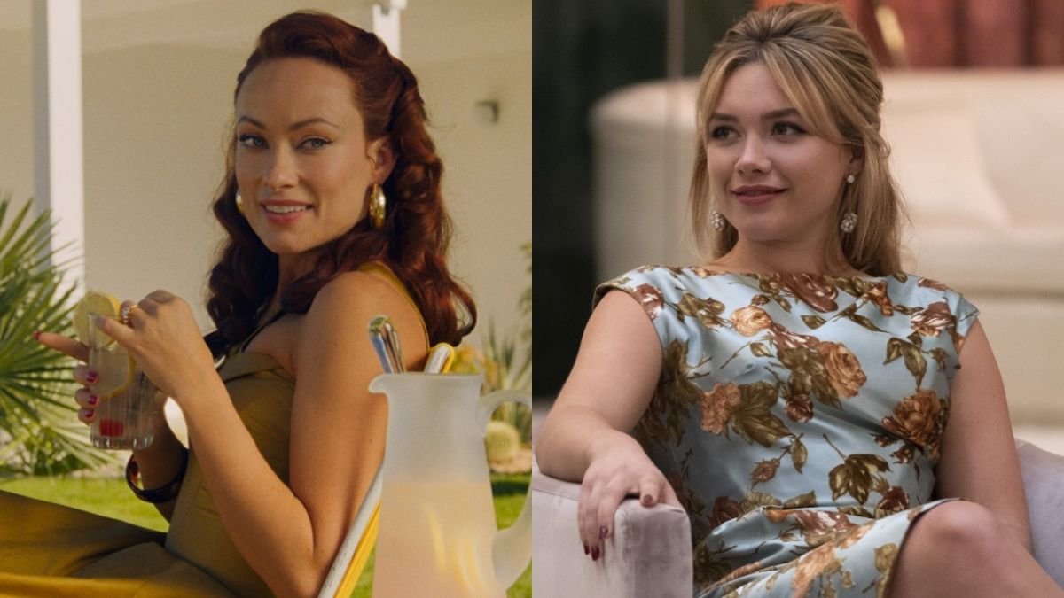 Olivia Wilde on left in a yellow dress. Florence Pugh in a blue dress sitting on the right. Both in the film Don