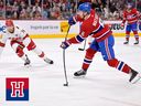 Le défenseur des Canadiens de Montréal Mike Matheson tire la rondelle défend lors de la deuxième période du match de son équipe contre les Hurricanes de la Caroline au Centre Bell le 7 mars 2023