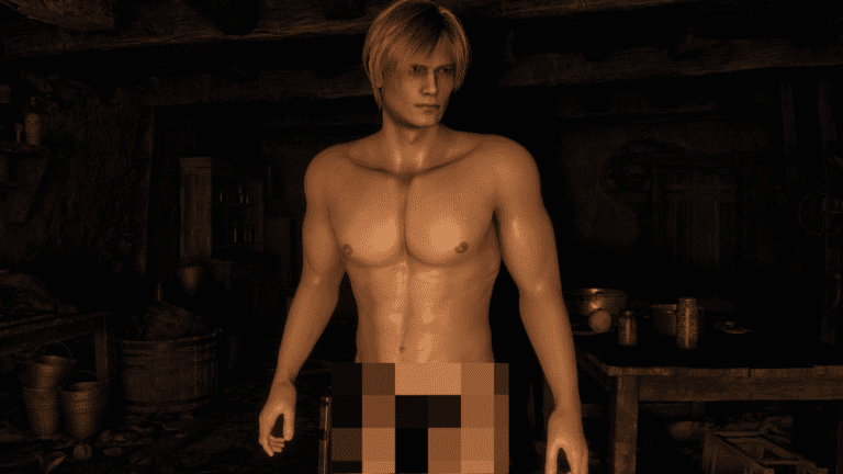 A shirtless Leon, pixelated below his abdomen, from Resident Evil 4.