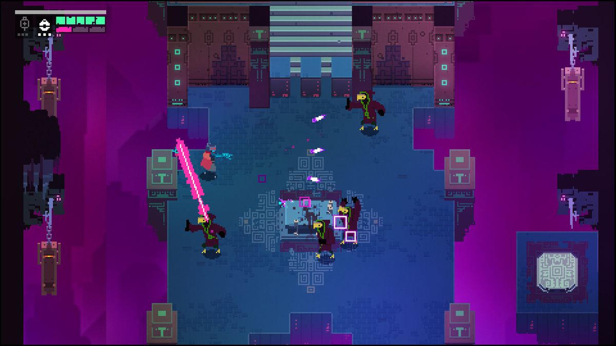 Le protagoniste d'Hyper Light Drifter lance des armes de type shuriken sur les ennemis