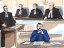 De gauche à droite, l'avocat de Dellen Millard, Ravin Pillay, le juge Paciocco, le juge Gillese, le juge Huscroft et Dellen Millard assistent au tribunal de Toronto, le lundi 13 mars 2023.  