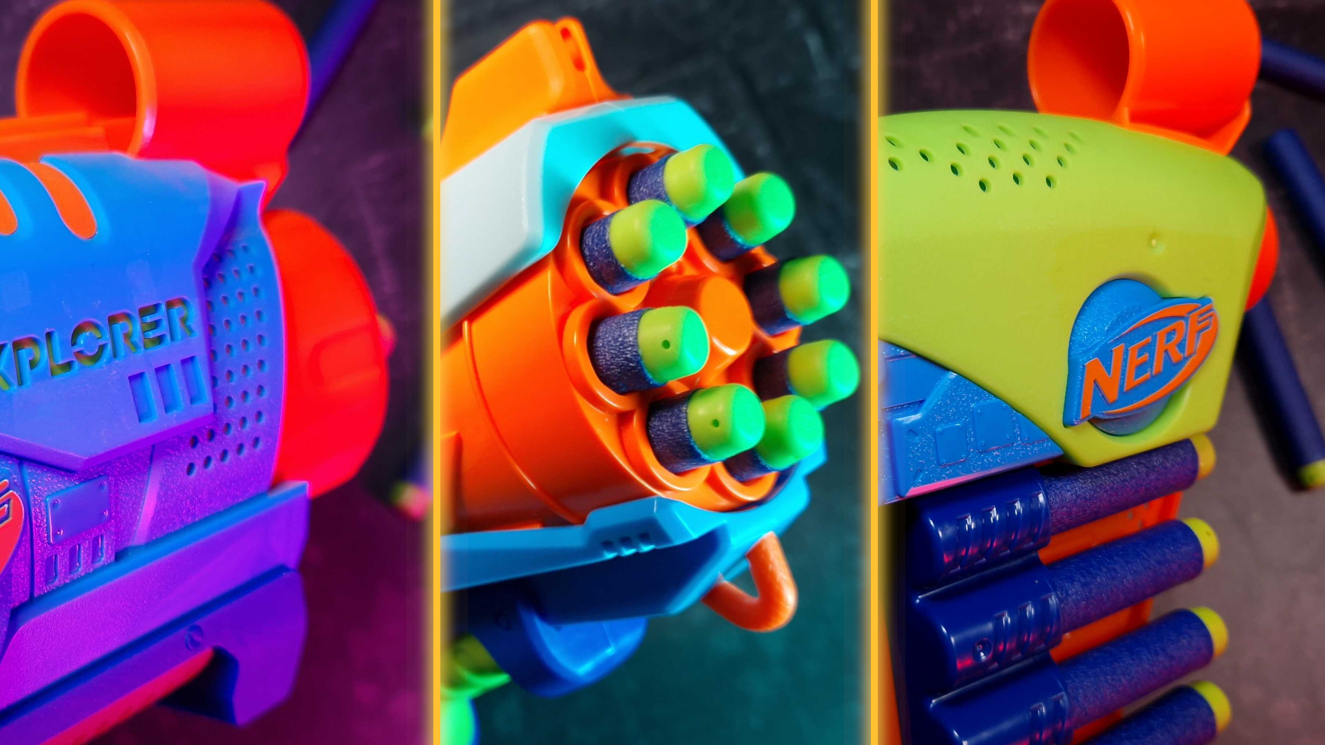 Les blasters Explorer, Rambler et Flyer Nerf Elite Jr. disposés les uns à côté des autres