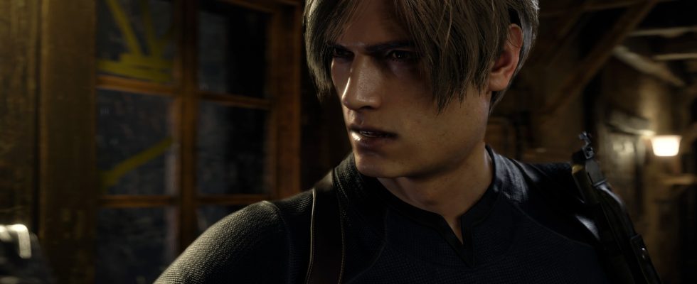 Resident Evil 4 Remake Pre-order bonuses. Leon Kennedy stares off to the side.