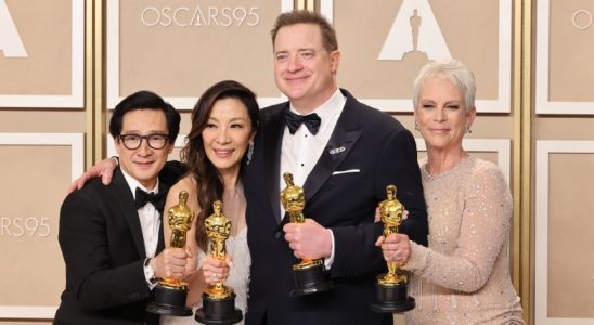 HOLLYWOOD, CALIFORNIA - MARCH 12: Ke Huy Quan, winner of Best Actor in a Supporting Role award for ‘Everything Everywhere All at Once,’ Michelle Yeoh, winner of the Best Actress in a Leading Role award for ‘Everything Everywhere All at Once,’ Brendan Fraser, winner of the Best Actor in a Leading Role award for ’The Whale,’ and Jamie Lee Curtis, winner of the Best Actress in a Supporting Role award for ‘Everything Everywhere All at Once’  pose in the press room during the 95th Annual Academy Awards at Ovation Hollywood on March 12, 2023 in Hollywood, California. (Photo by Rodin Eckenroth/Getty Images)