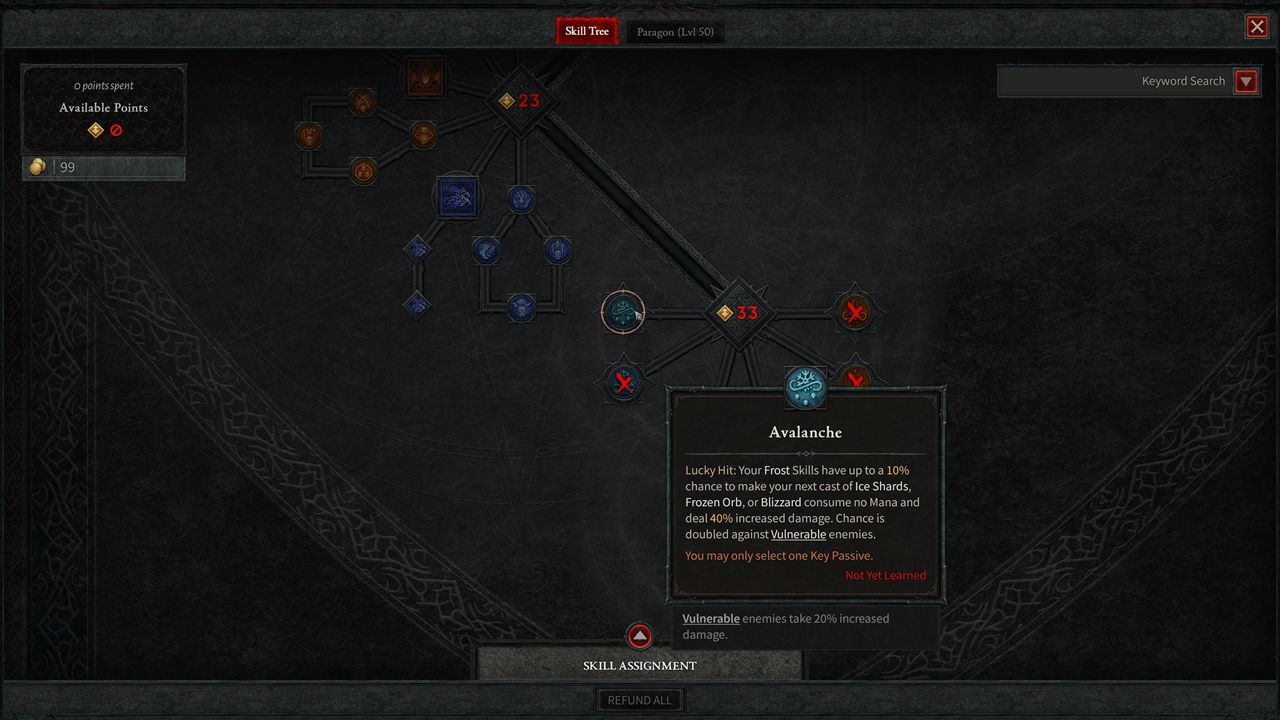 L'Avalanche Key Passive est un talent Diablo 4 Sorcerer, et il booste définitivement vos sorts Frost.