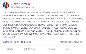 Un message sur le compte Truth Social de l'ancien président américain Donald Trump, partagé le samedi 18 mars 2023.