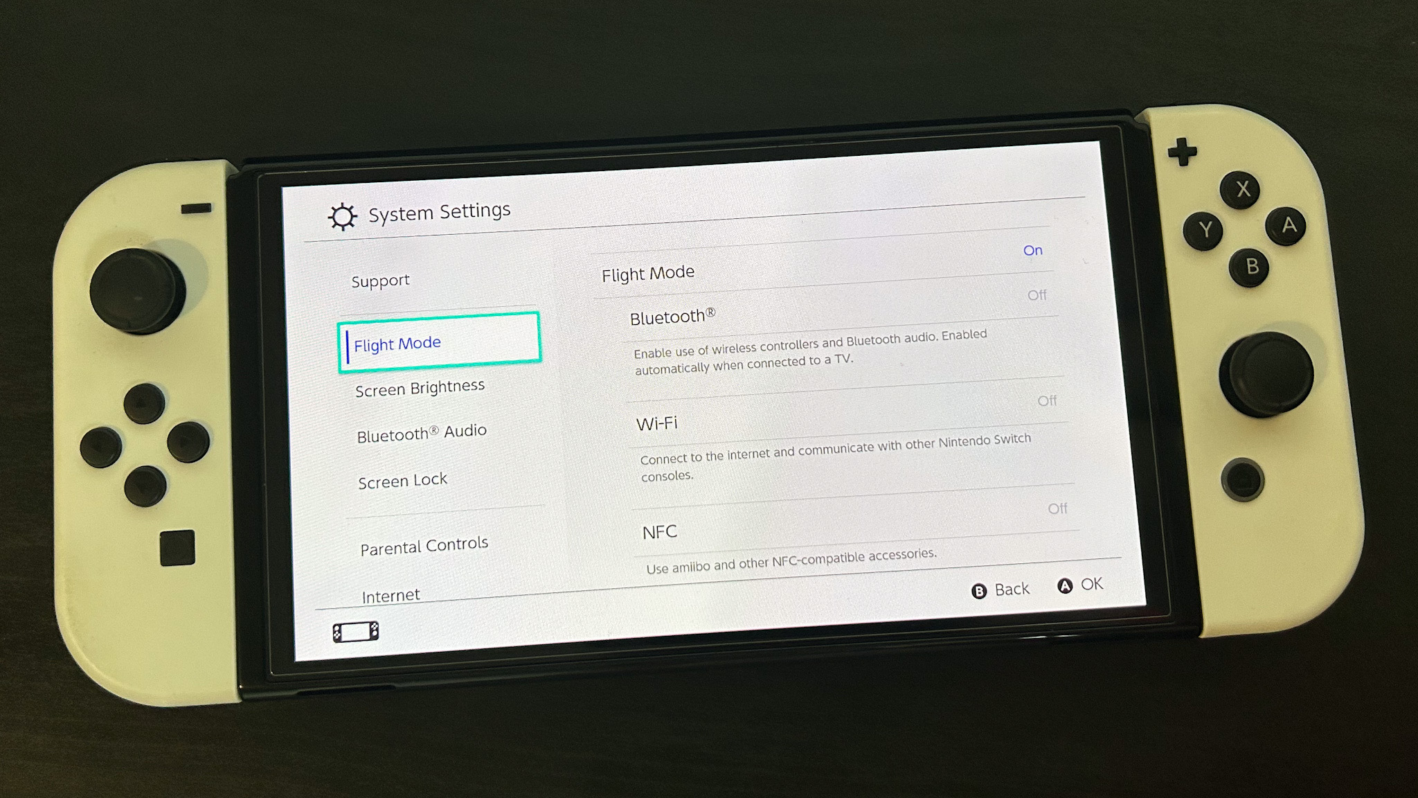 Paramètres du mode de vol Nintendo Switch sur la console