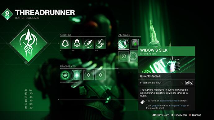 Destiny 2 Lightfall - l'écran de la sous-classe Strand montrant des capacités et une teinte verte