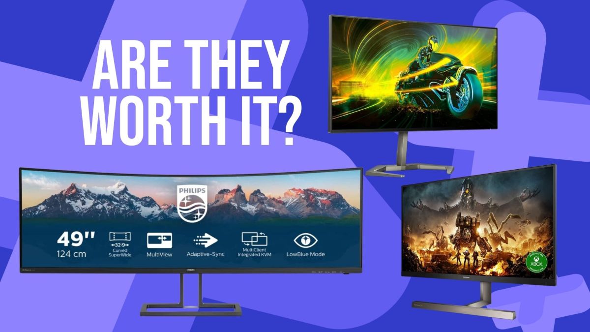 Multiple philips gaming monitors on a blue gamesradar background, with text that reads 