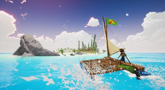 Kid sailing raft near island