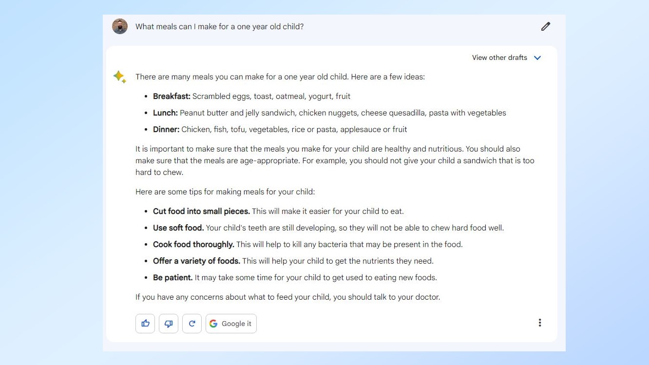 Les suggestions de Google Bard sur les repas pour un enfant d'un an