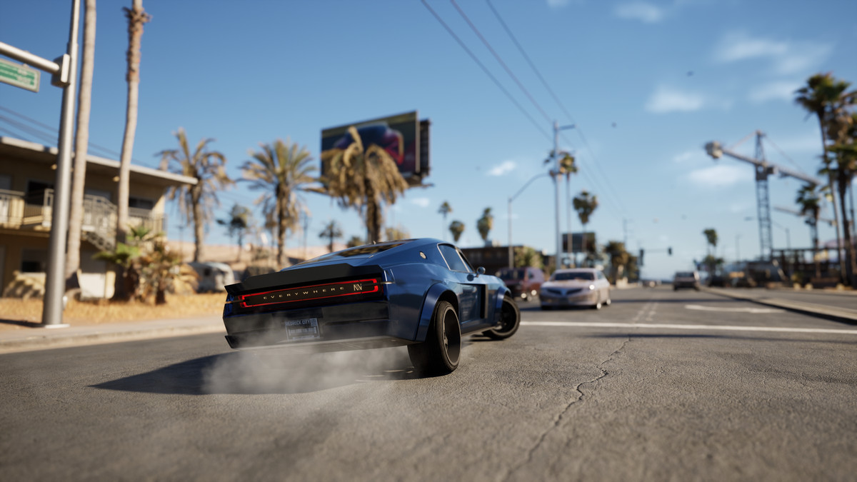 Une muscle car dérive dans une rue de Los Angeles dans MindsEye