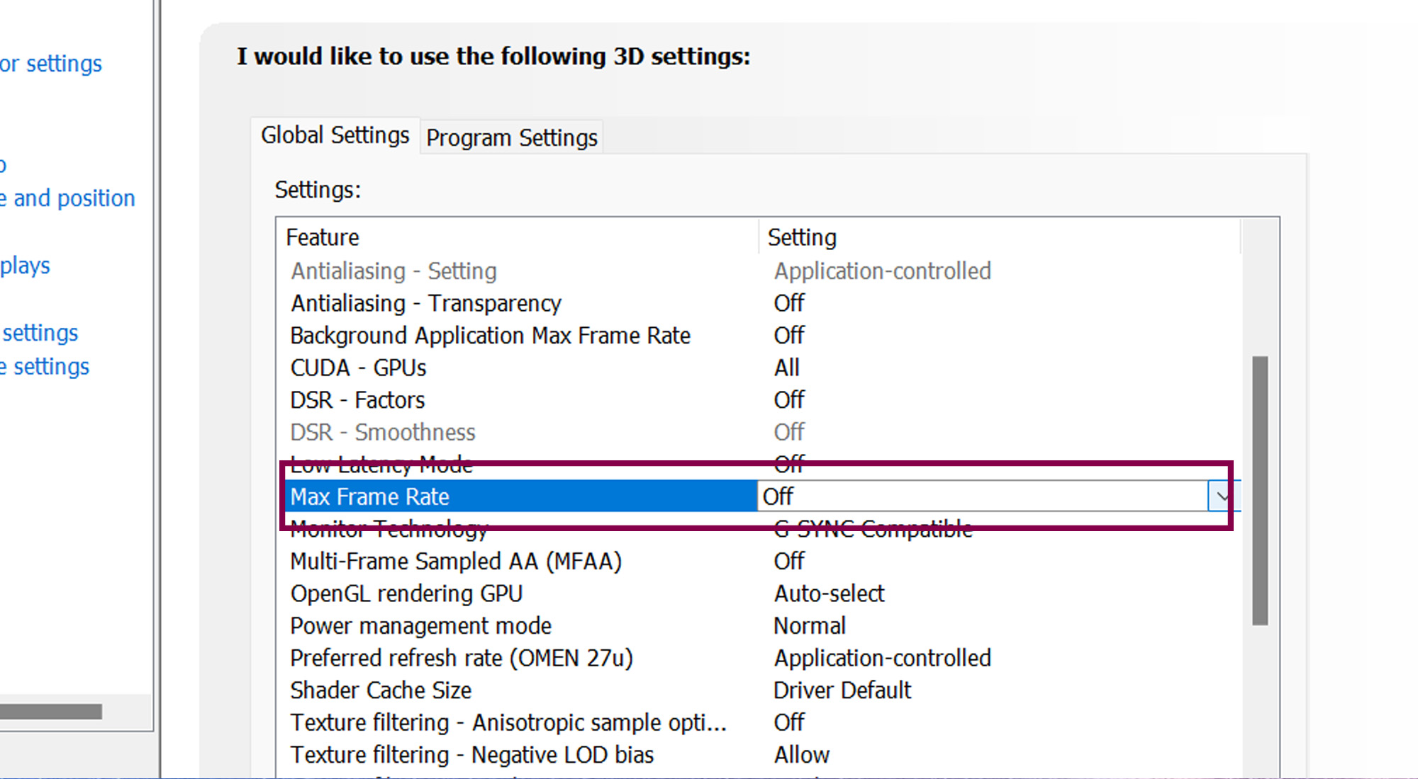 Une capture d'écran des étapes pour définir la fréquence d'images maximale sur un GPU Nvidia