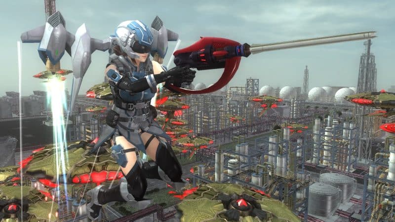 Earth Defence Force 5 - Le Wing Diver salue les soucoupes volantes.