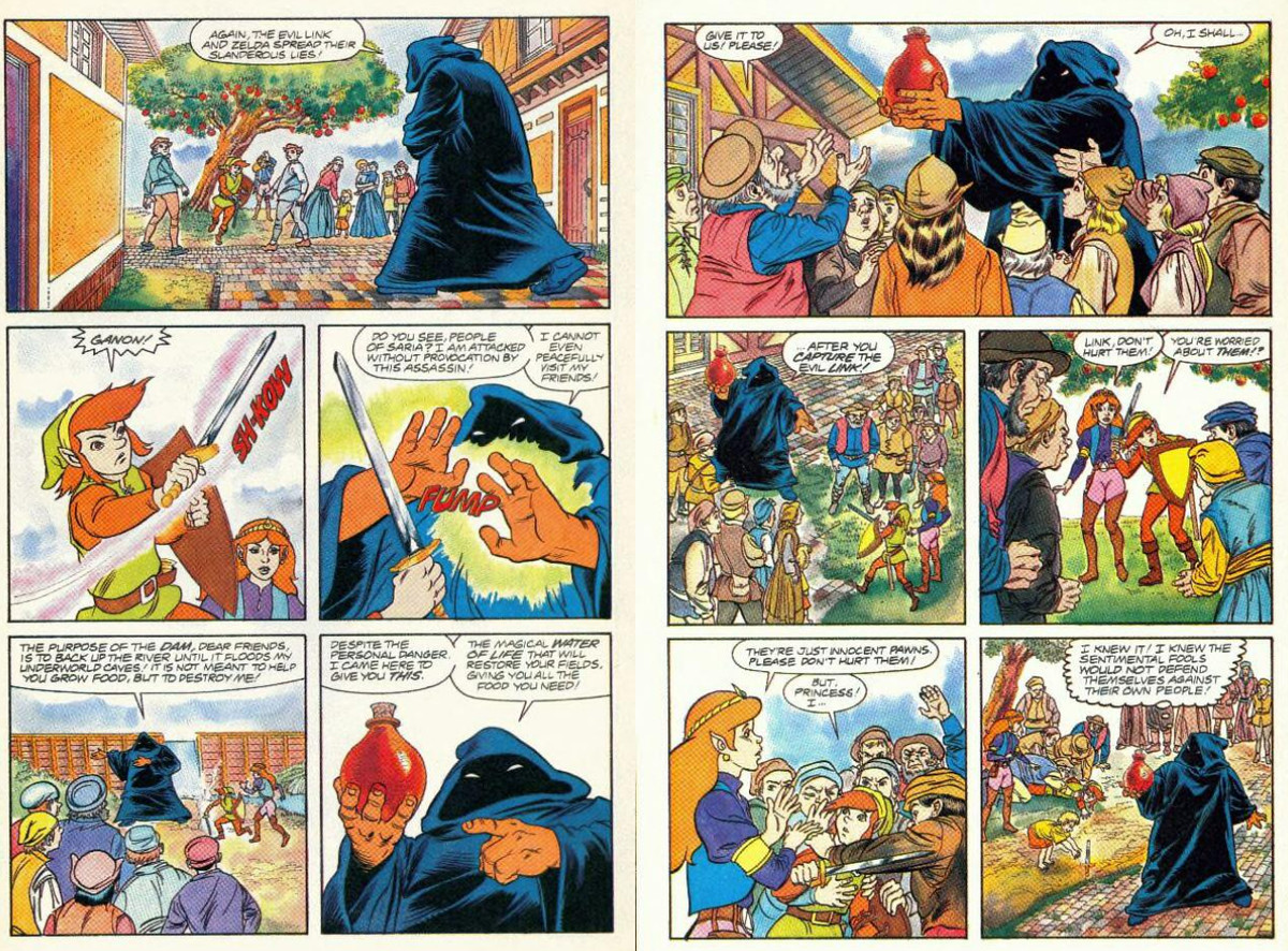 Une page de la bande dessinée The Legend of Zelda.  Ganon convainc les villageois qu'il est bon, en fait, et que Link et Zelda sont les méchants.  Il ordonne aux villageois de capturer Link et Zelda.