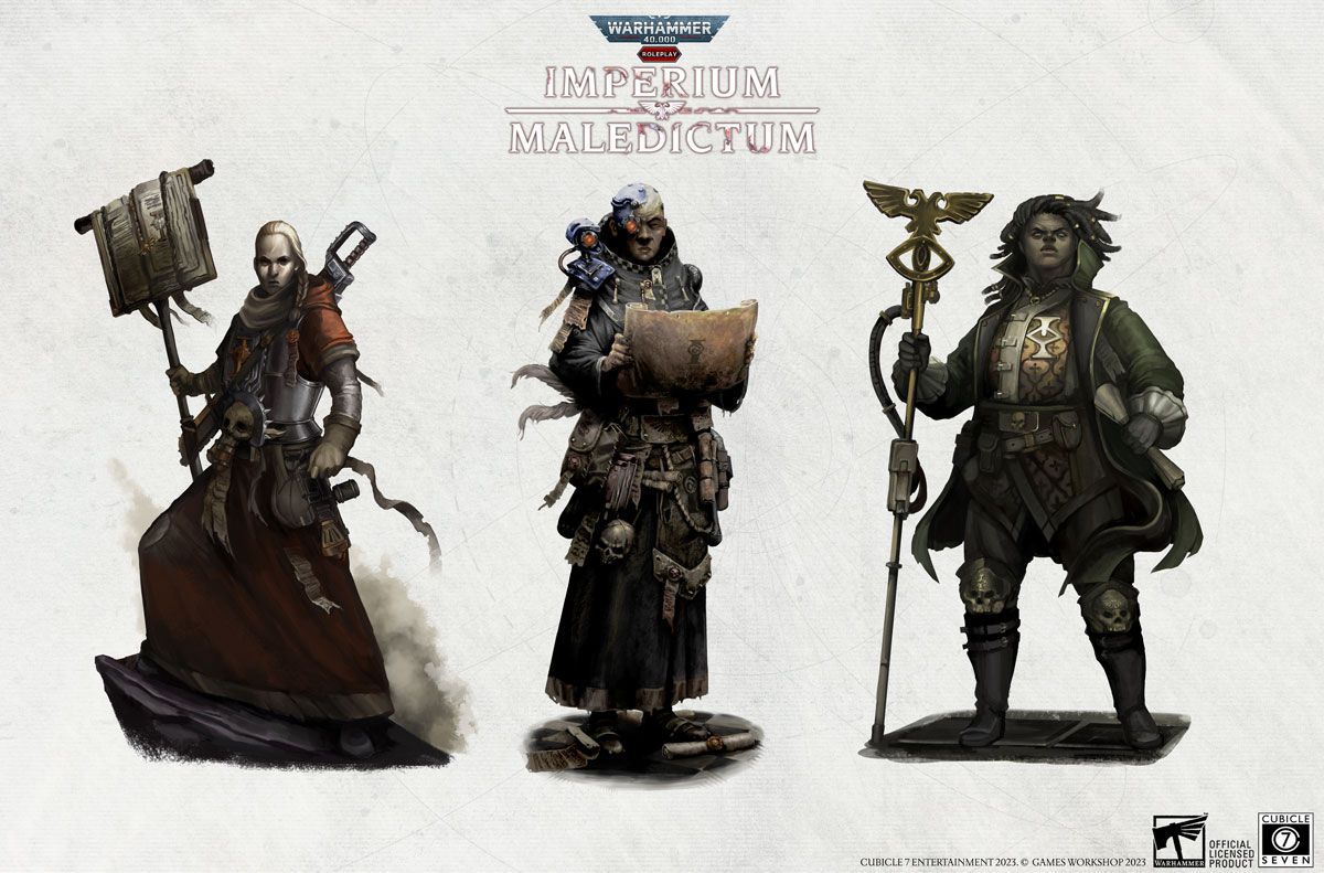 Warhammer 40,000: Imperium Maledictum - Art conceptuel de certains des personnages potentiels d'Adeptus que les joueurs peuvent créer, y compris un membre de l'Ecclésiarchie et un psyker sanctionné.