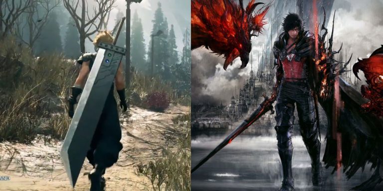 Split image showing Cloud Strife in FF7 Rebirth with the Buster Sword on his back, and Clive Rosfield in FF16's cover art, surrounded by Eikons.