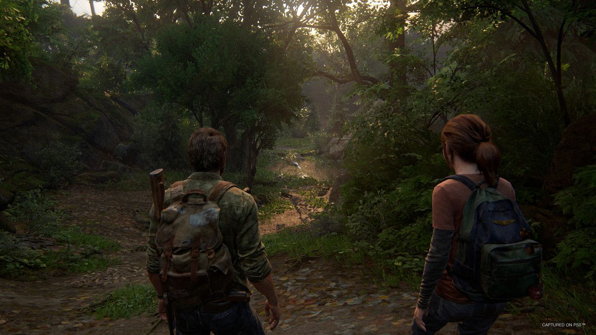 Joel et Ellie traversent une zone fortement boisée dans The Last of Us Part I