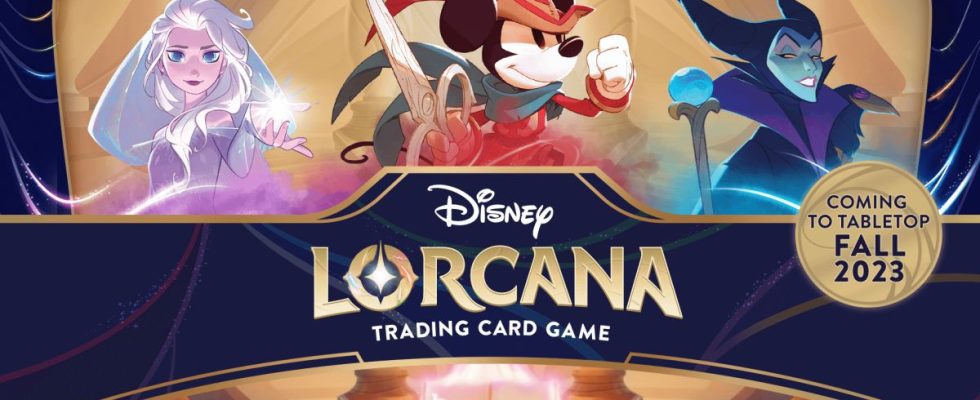 Disney Lorcana logo with Elsa, Mickey, and Maleficent in the background