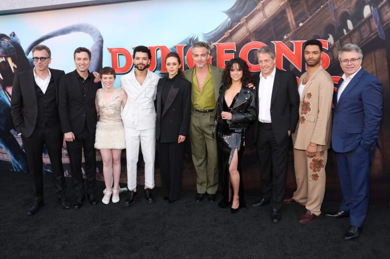 LOS ANGELES, CALIFORNIA - MARCH 26: (L-R) Jonathan Goldstein, John Francis Daley, Sophia Lillis, Justice Smith, Daisy Head, Chris Pine, Michelle Rodriguez, Hugh Grant, Regé-Jean Page and Jeremy Latcham attend the Los Angeles Premiere of Paramount Pictures' and eOne's "Dungeons & Dragons: Honor Among Thieves" at the Regency Village Theatre on March 26, 2023 in Los Angeles, California. (Photo by Jesse Grant/Getty Images for Paramount Pictures)