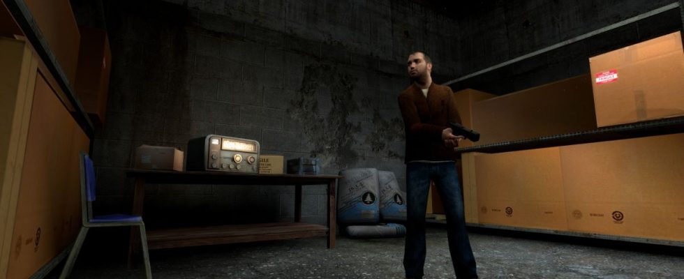 Half-Life male npc standing with pistol in bare room