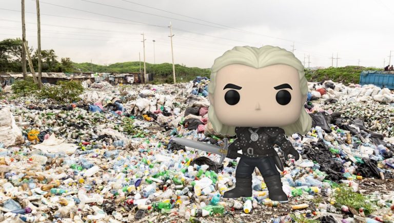 Geralt of Rivia Funko Pop superimposed over Mountain of rubbish and plastic bags, in the Dandora landfill in Nairobi, with marabu birds. High pollution and serious damage to the ecosystem. - stock photo by Enrico Tricoli via Getty Images