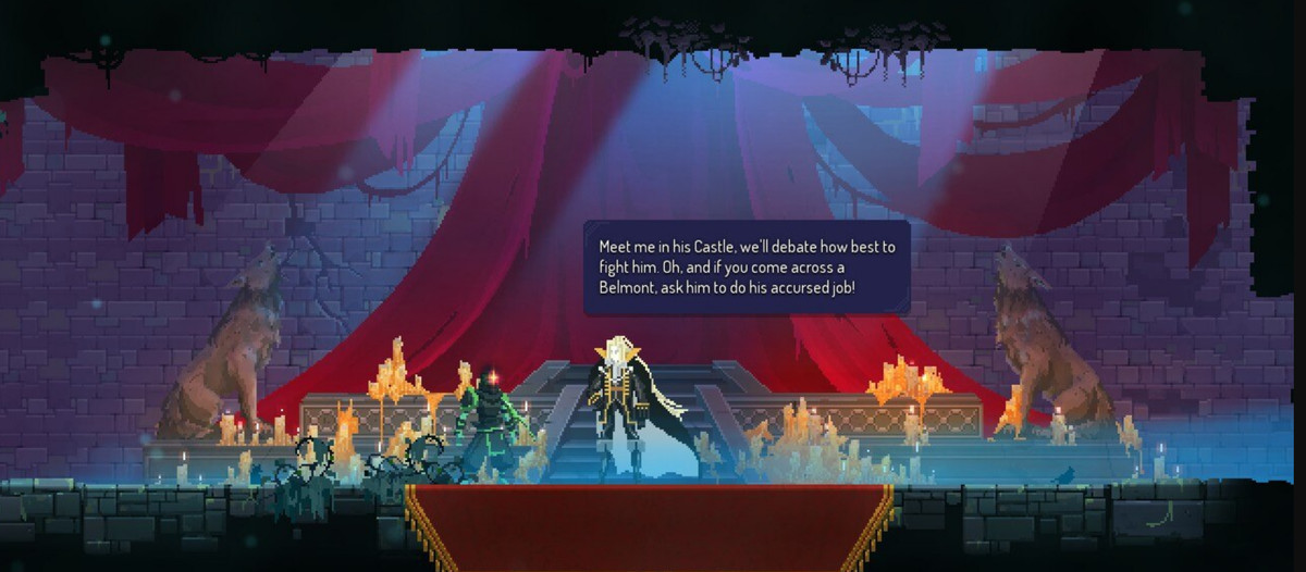 Capture d'écran de Dead Cells Return to Castlevania DLC mettant en vedette Alucard, un vampire aux cheveux blancs, discutant avec le personnage principal de Dead Cells, qui a une flamme pour tête.