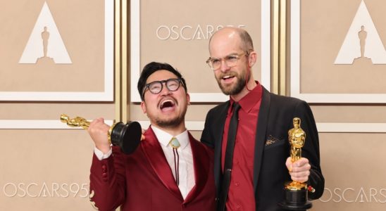 HOLLYWOOD, CALIFORNIA - MARCH 12: Daniel Kwan and Daniel Scheinert, winners of the Best Director award for ’Everything Everywhere All at Once’, pose in the press room during the 95th Annual Academy Awards at Ovation Hollywood on March 12, 2023 in Hollywood, California. (Photo by Rodin Eckenroth/Getty Images)