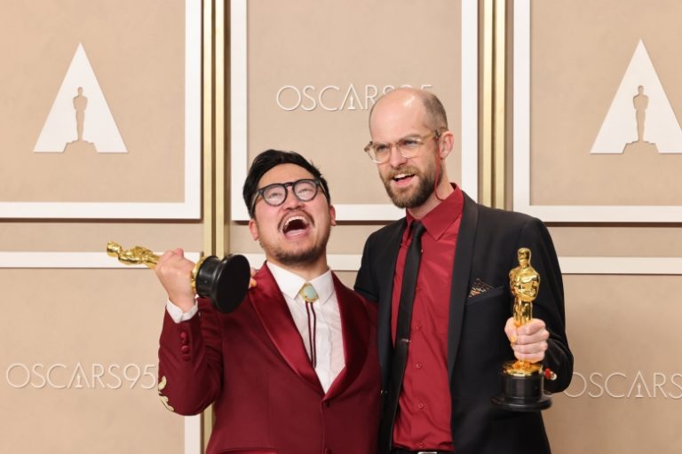 HOLLYWOOD, CALIFORNIA - MARCH 12: Daniel Kwan and Daniel Scheinert, winners of the Best Director award for ’Everything Everywhere All at Once’, pose in the press room during the 95th Annual Academy Awards at Ovation Hollywood on March 12, 2023 in Hollywood, California. (Photo by Rodin Eckenroth/Getty Images)