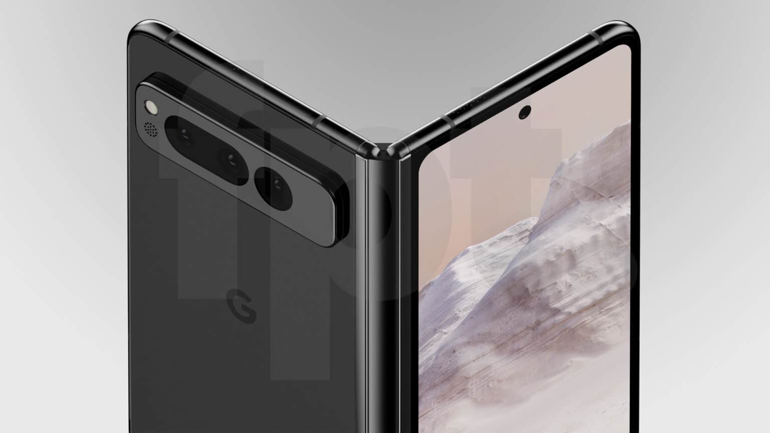 Image d'une fuite de rendu du Google Pixel Fold en noir, montrant ses caméras