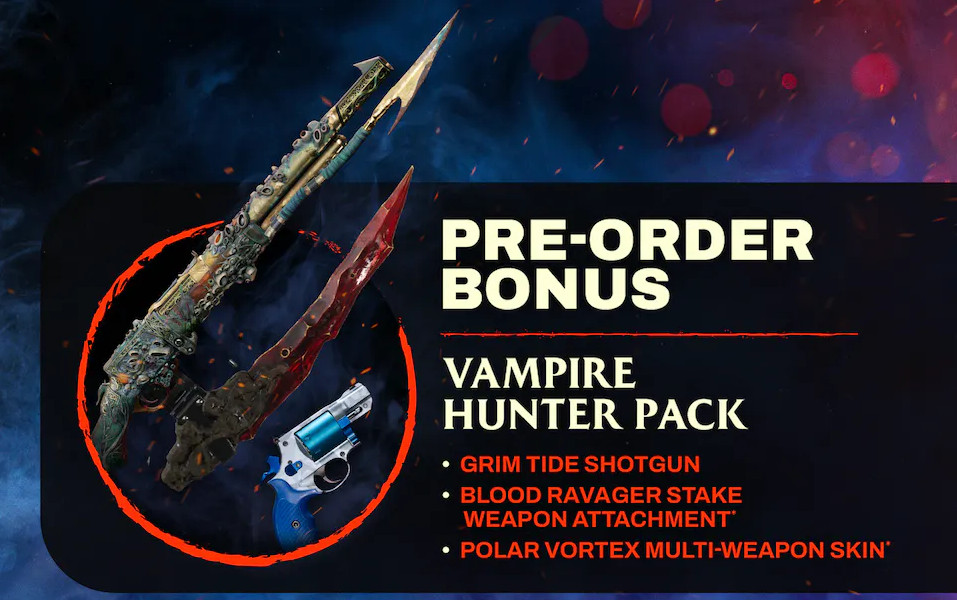 Une image de stock de tous les articles cosmétiques inclus dans le pack de précommande Vampire Hunter