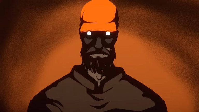 Silhouetted man with hollow, blank eyes and orange cap on burnt umber background