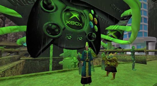 Morrowind protag standing in front of giant floating xbox controller