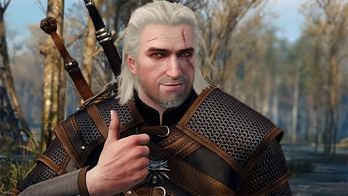 Geralt, ungloved, giving a thumbs up in high definition