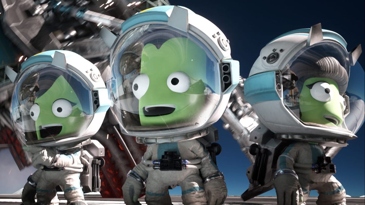 Kerbal Space Program 2 — A trio of Kerbal astronauts emerge from their lunar lander to gaze with a kind of vacant awe at the wonder of space.