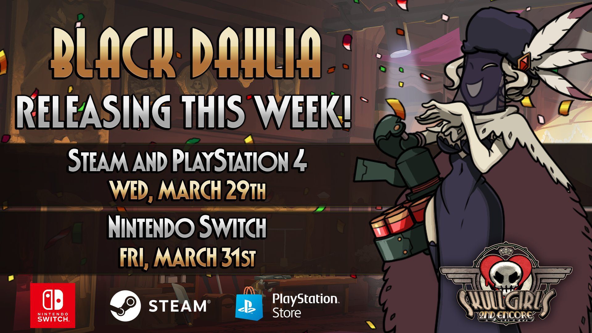 Le 2e personnage DLC Encore de Skullgirls, Black Dahlia, sera lancé le 29 mars sur PS4 et PC, le 31 mars sur Switch    
