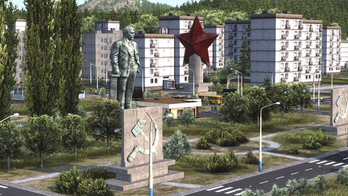 A statue of Lenin occupies the centre of a public square in Workers and Resources: Soviet Republic.