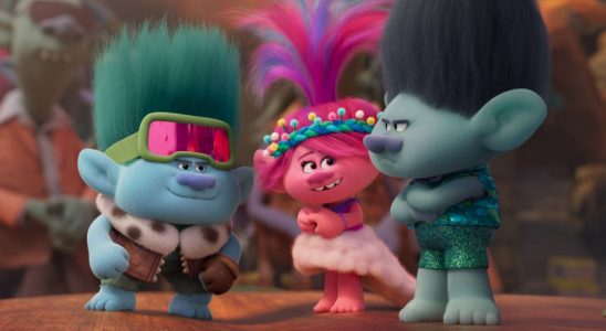 Trolls Band Together still featuring Branch, Poppy, and new character John Dory