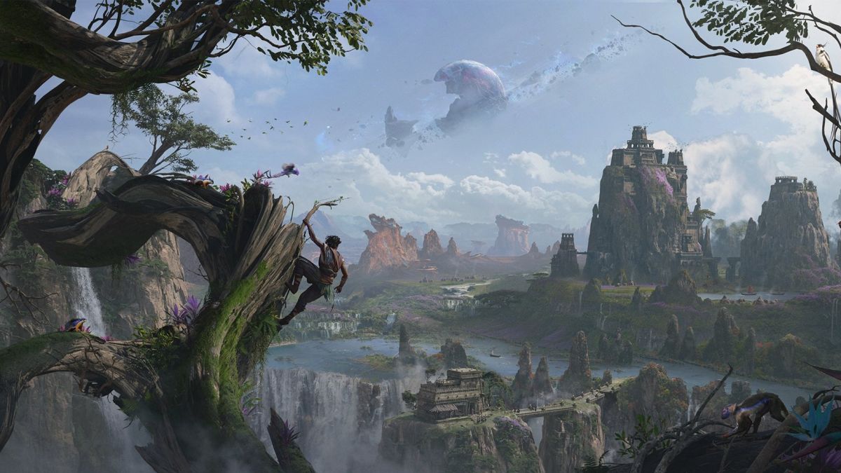 A man hangs off a huge tree branch and gazes over a fantasy vista. A moon broken into several parts hangs in the sky.