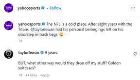 Une capture d'écran du commentaire de Taylor Lewan sur Instagram.  (Capture d'écran/Instagram/yahoosports)