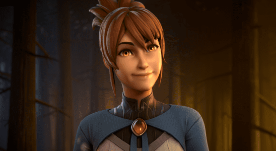 Image of the hero Marci from Dota 2. She is brown-haired and yellow eyed. She is smirking at the camera in a friendly way.