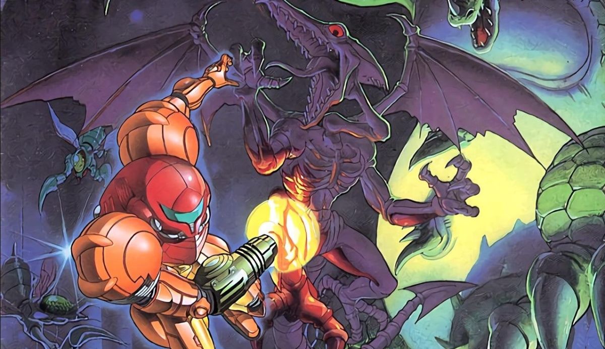 Close up of Super Metroid Japanese box art with Samus blasting Ridley