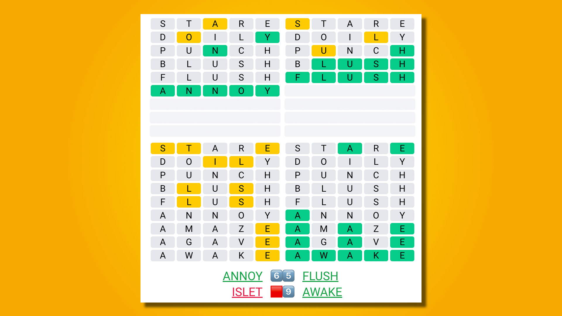 Quordle 406 réponses sur fond jaune