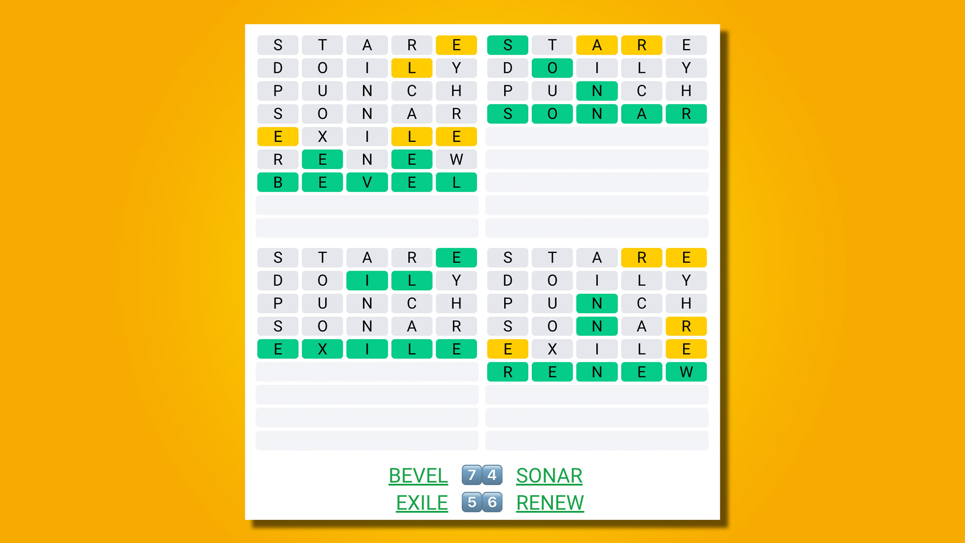 Quordle 411 réponses sur fond jaune