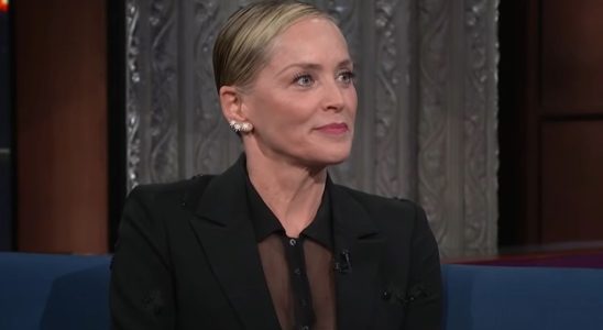 Sharon Stone appears on the Late Show with Stephen Colbert.