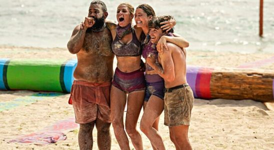 Sarah, Carolyn, Yam Yam and Carson celebrate a challenge win on Survivor 44.