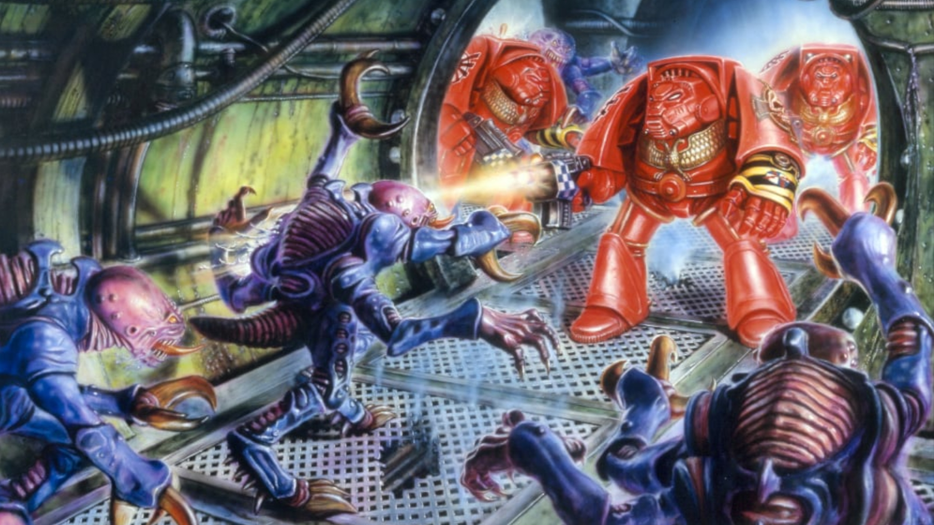 Les Space Marine Terminators affrontent les Tyranides dans les couloirs d'un Space Hulk dans les illustrations d'une première version du jeu.