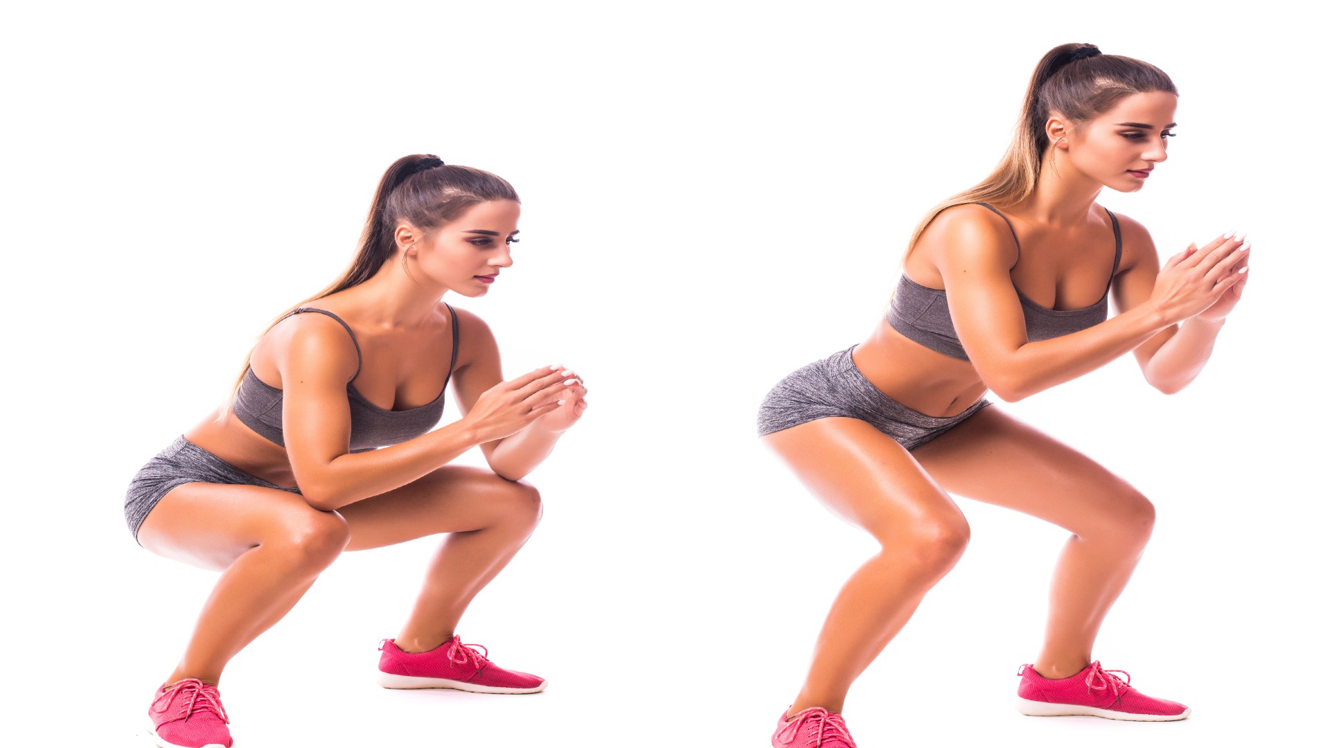 Femme exécutant un squat de grenouille sur un fond blanc, d'abord dans un squat bas puis en redressant les jambes dans la deuxième image